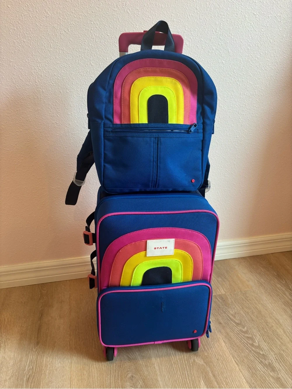 STATE Kids Backpack & Rolling Luggage Set with Neon Rainbow - Mini Logan